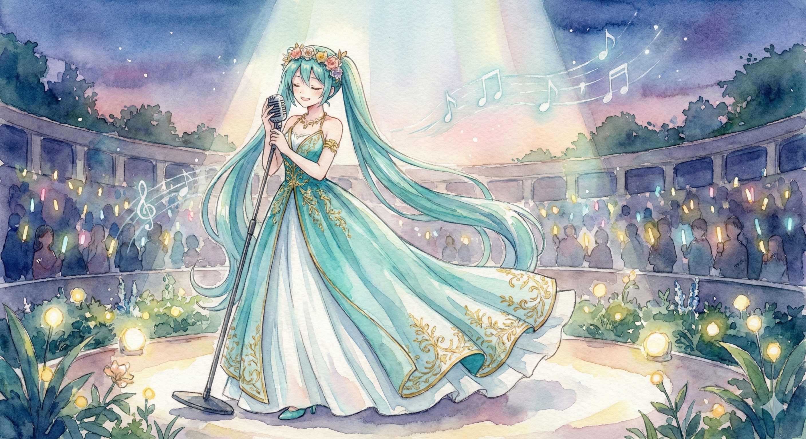 水彩画ミクさん　星空のアンフィシアター　歌姫の降臨 | の人気AIイラスト・グラビア