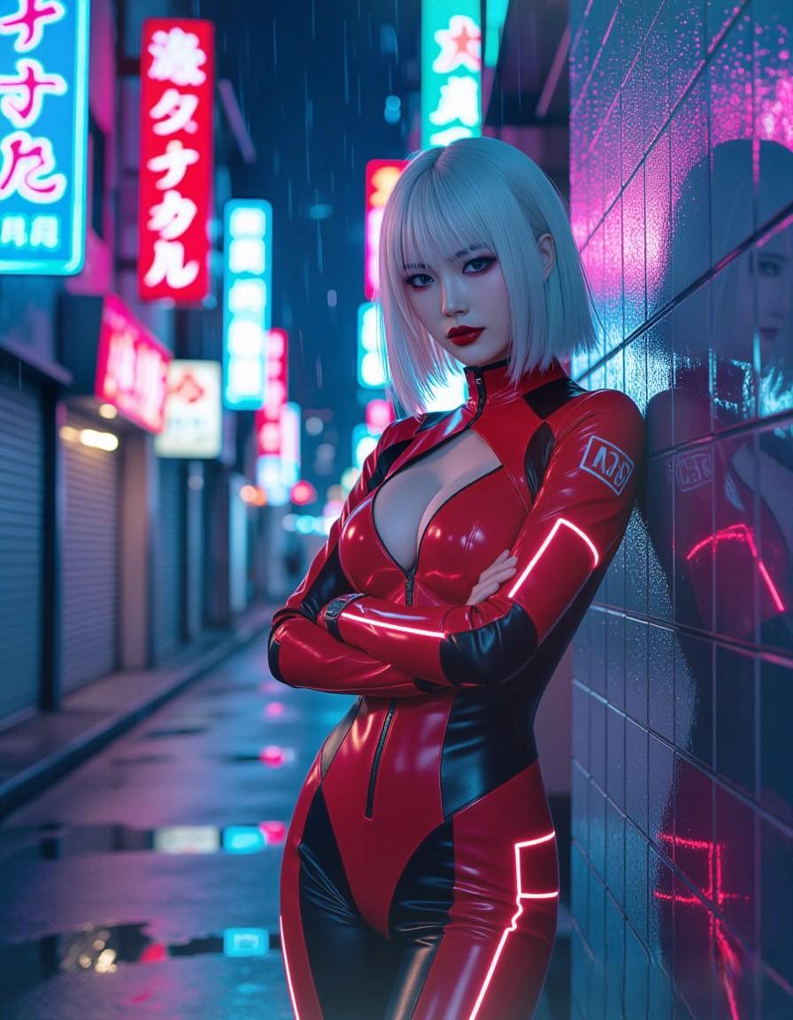 ネオン街に佇むサイバーパンク・アイドル