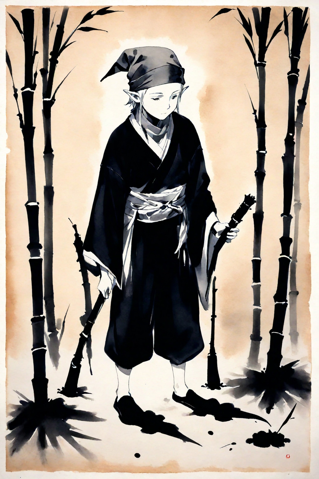 たけのこ狩りをするエルフ