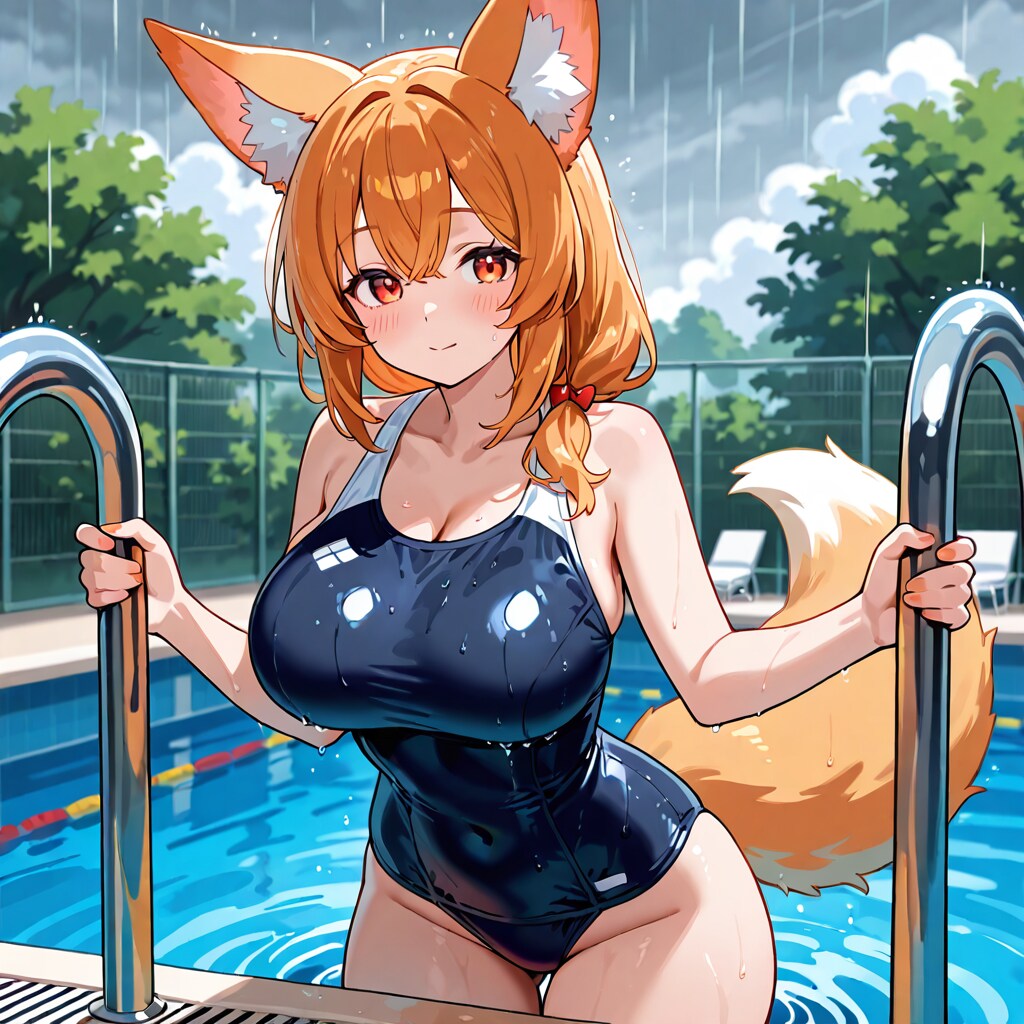 雨の中のプールの授業
