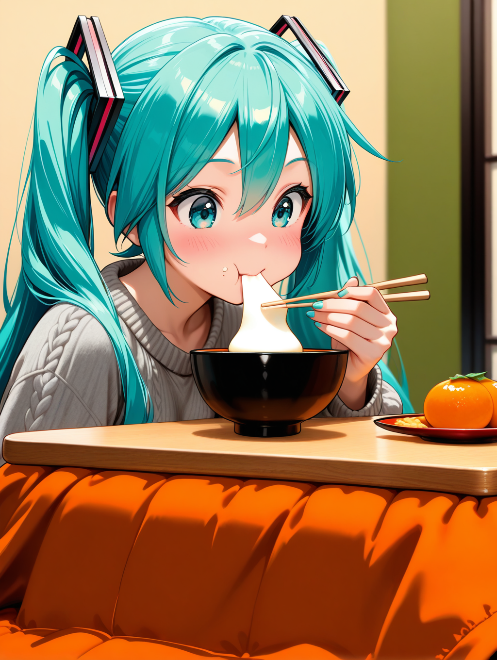 こたつでお雑煮をほおばるミクさん