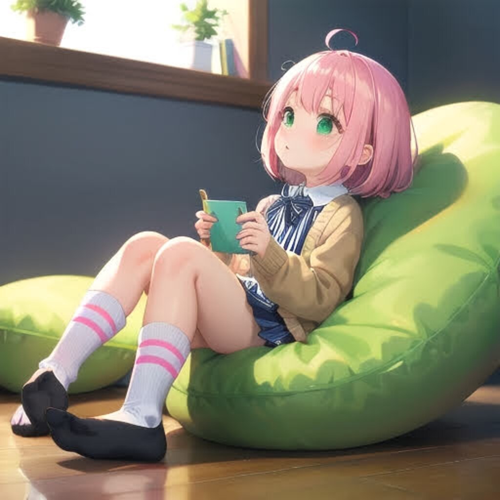 ぼんやりスマホをいじるピンク髪の子