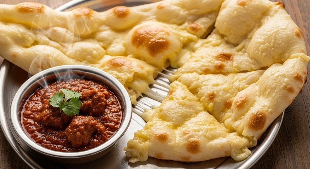 大きなチーズナンとマトンカレー