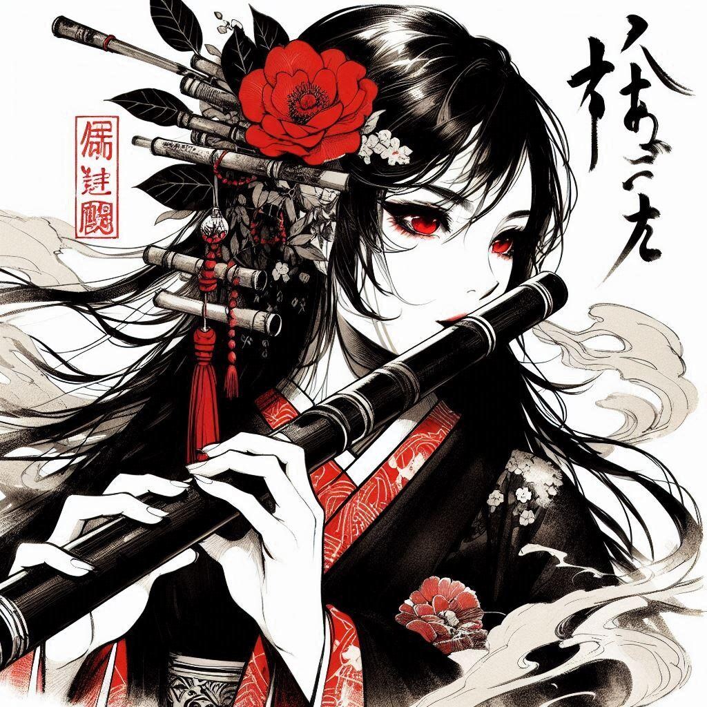 (墨絵風)横笛と黒髪の女侍さん