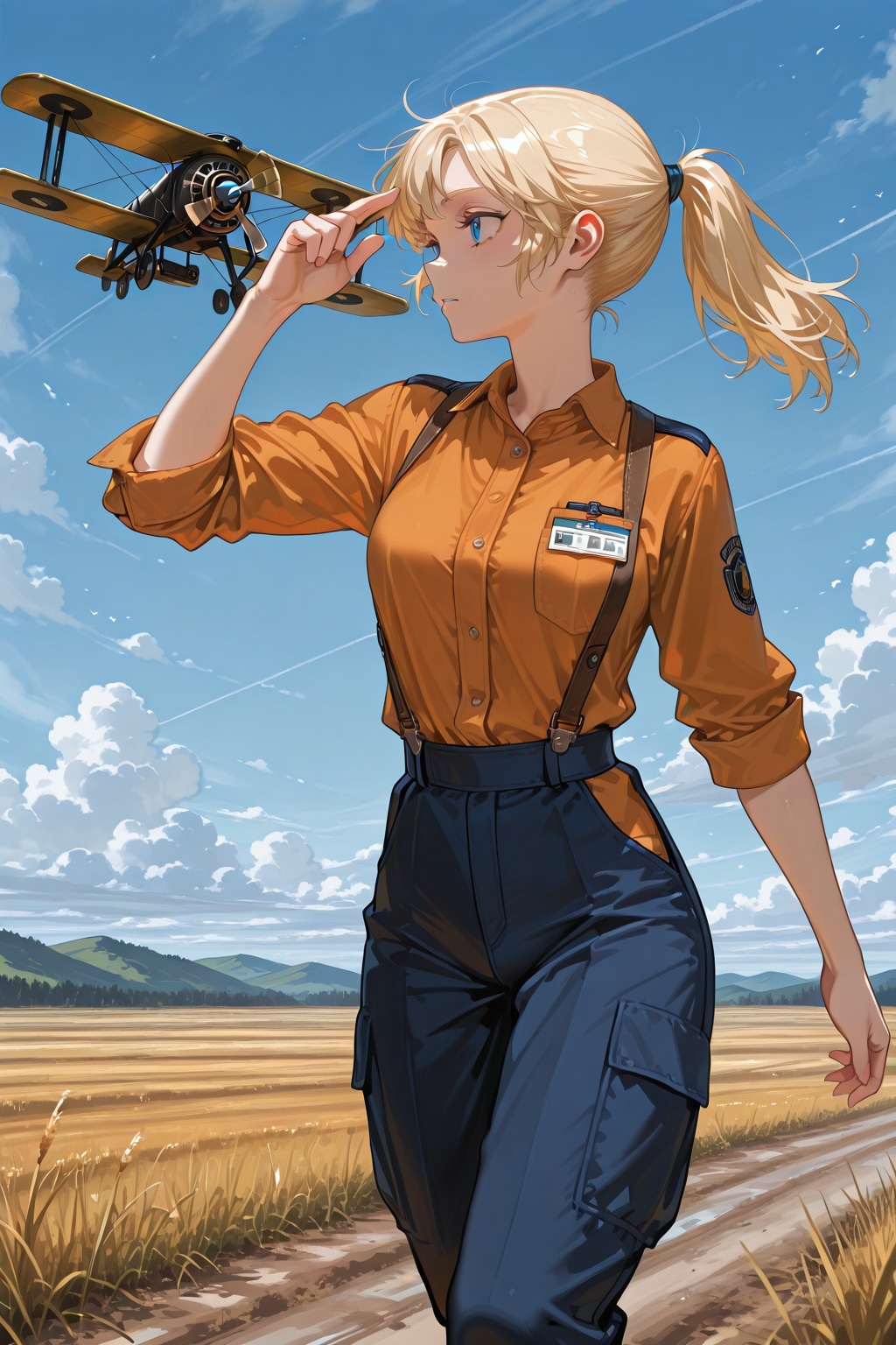 複葉機と金髪ポニーテールの女の子 | の人気AIイラスト・グラビア