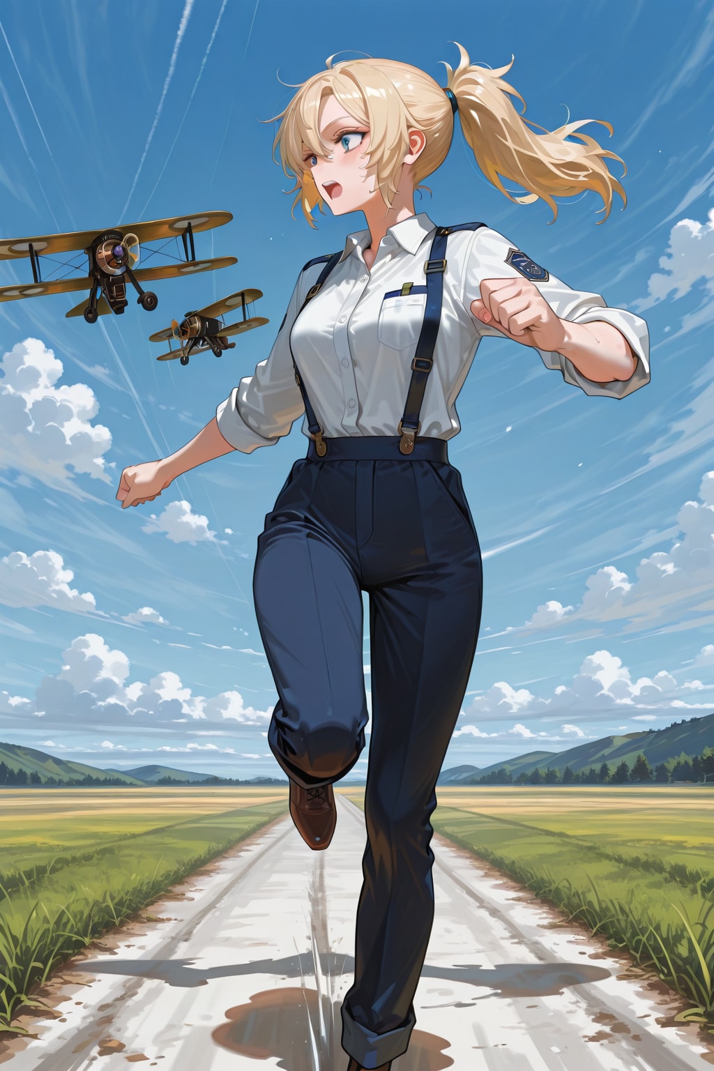 複葉機と金髪ポニーテールの女の子