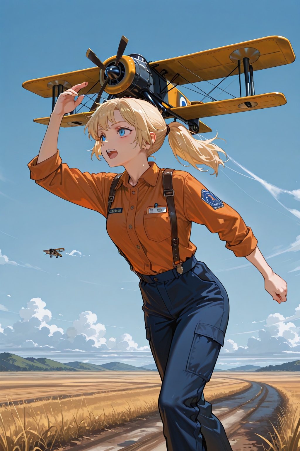 複葉機と金髪ポニーテールの女の子