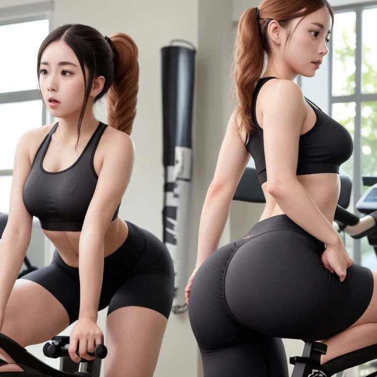 黒髪ロングでエアロバイクの美女６４
