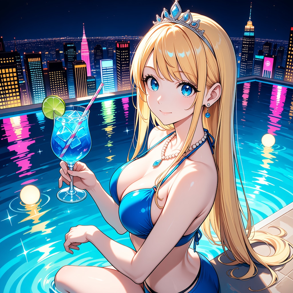 高層ホテルのインフィニティプールにて(モデル：ジェスティーナ王女)