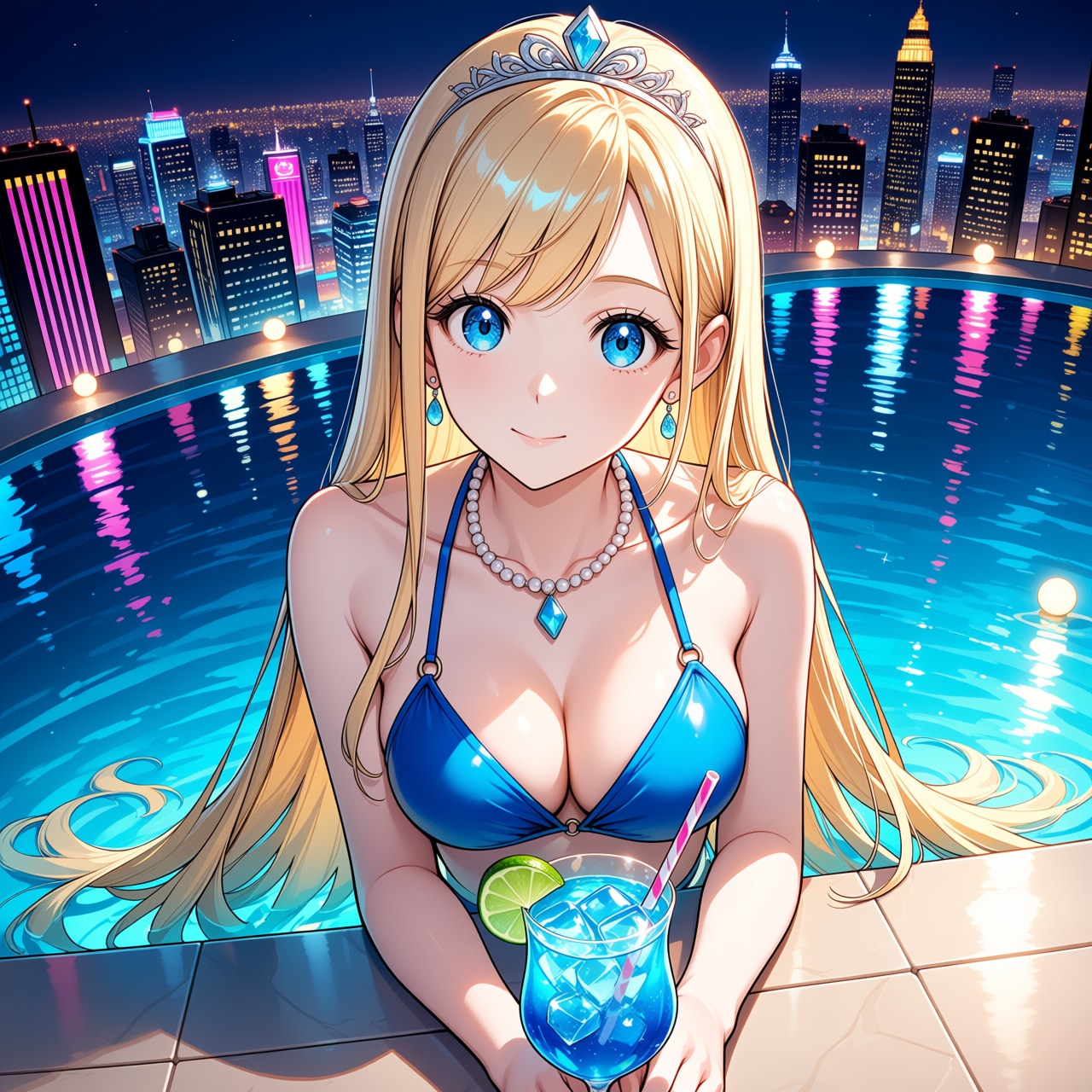 高層ホテルのインフィニティプールにて(モデル：ジェスティーナ王女)
