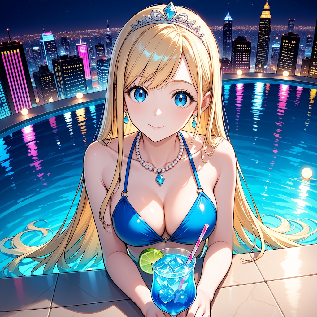高層ホテルのインフィニティプールにて(モデル：ジェスティーナ王女)