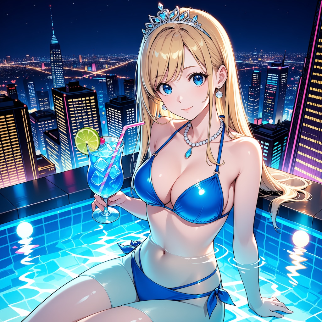 高層ホテルのインフィニティプールにて(モデル：ジェスティーナ王女)