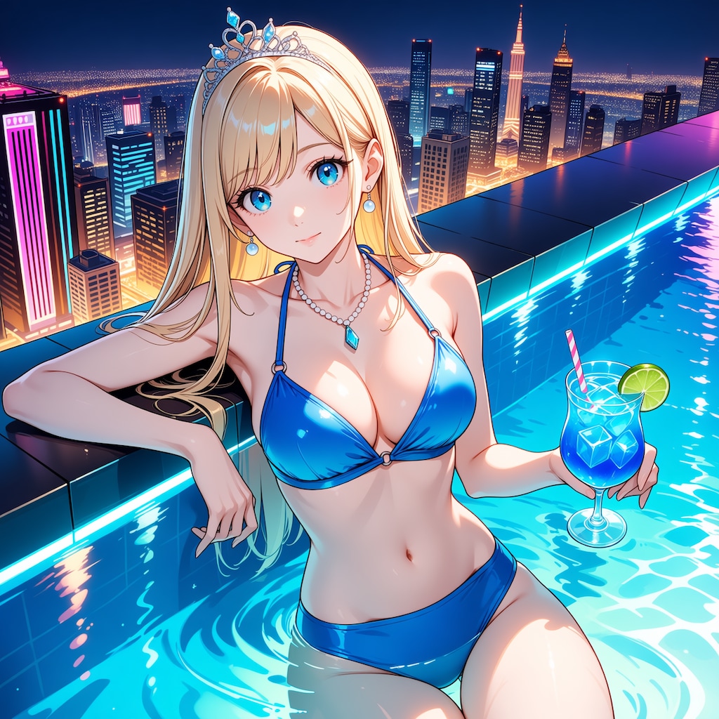高層ホテルのインフィニティプールにて(モデル：ジェスティーナ王女)