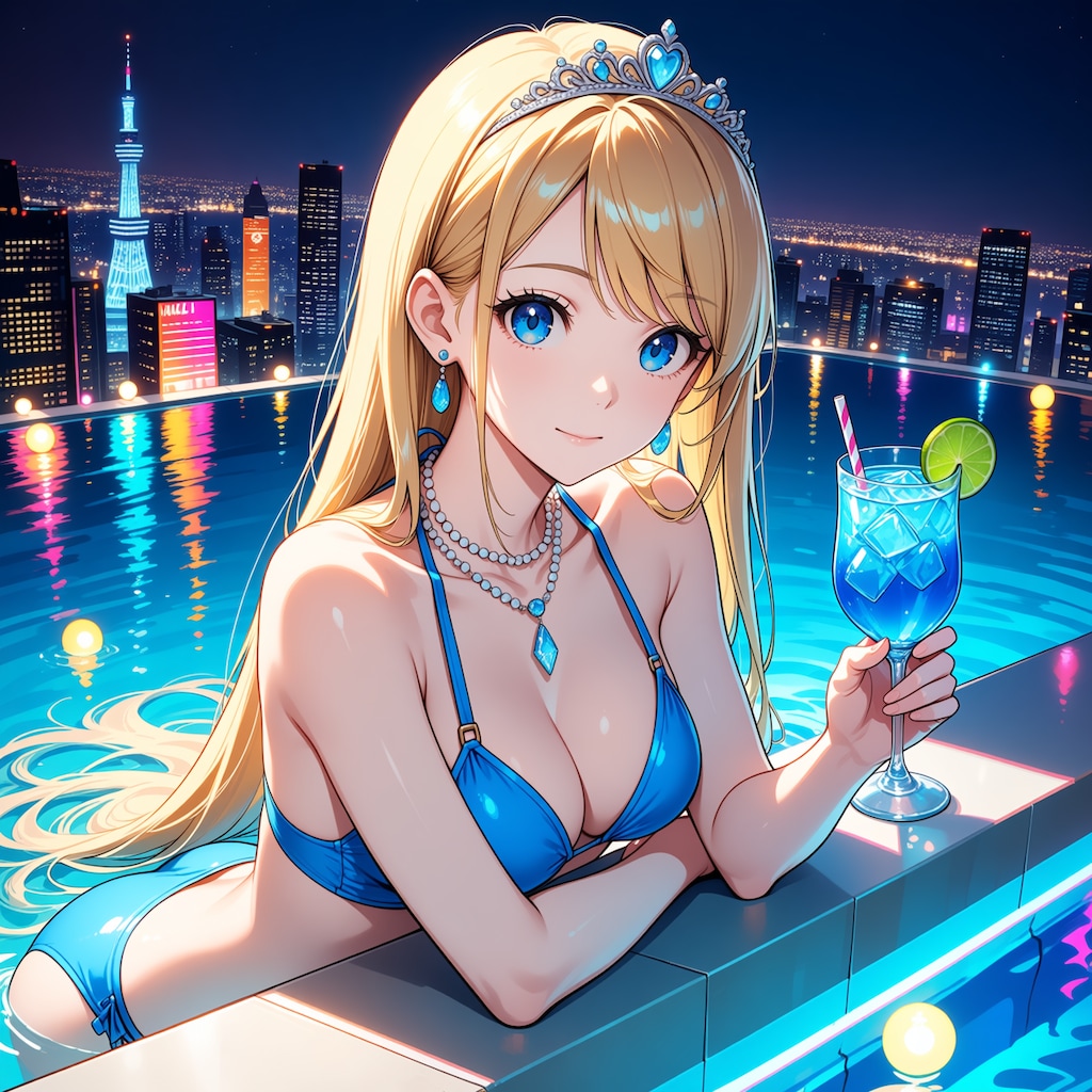 高層ホテルのインフィニティプールにて(モデル：ジェスティーナ王女)