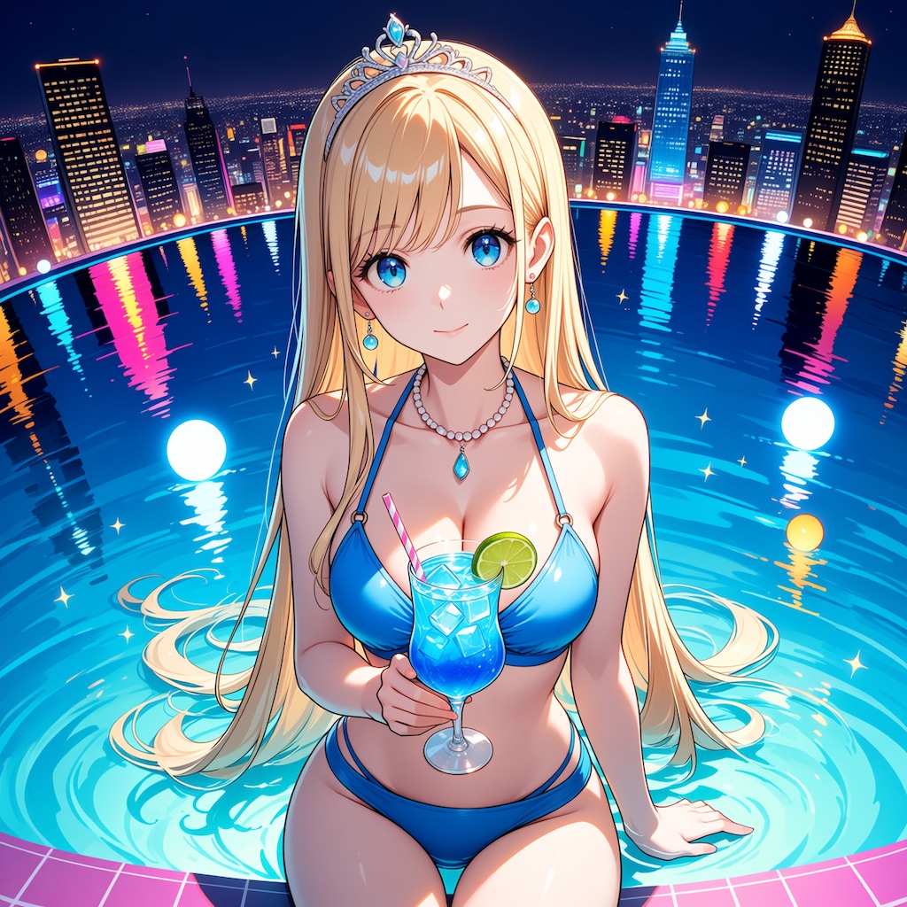 高層ホテルのインフィニティプールにて(モデル：ジェスティーナ王女)