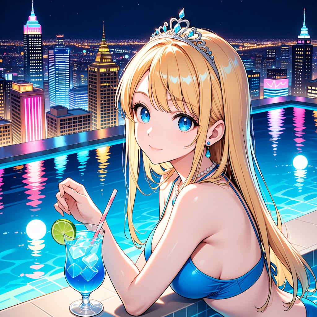 高層ホテルのインフィニティプールにて(モデル：ジェスティーナ王女)