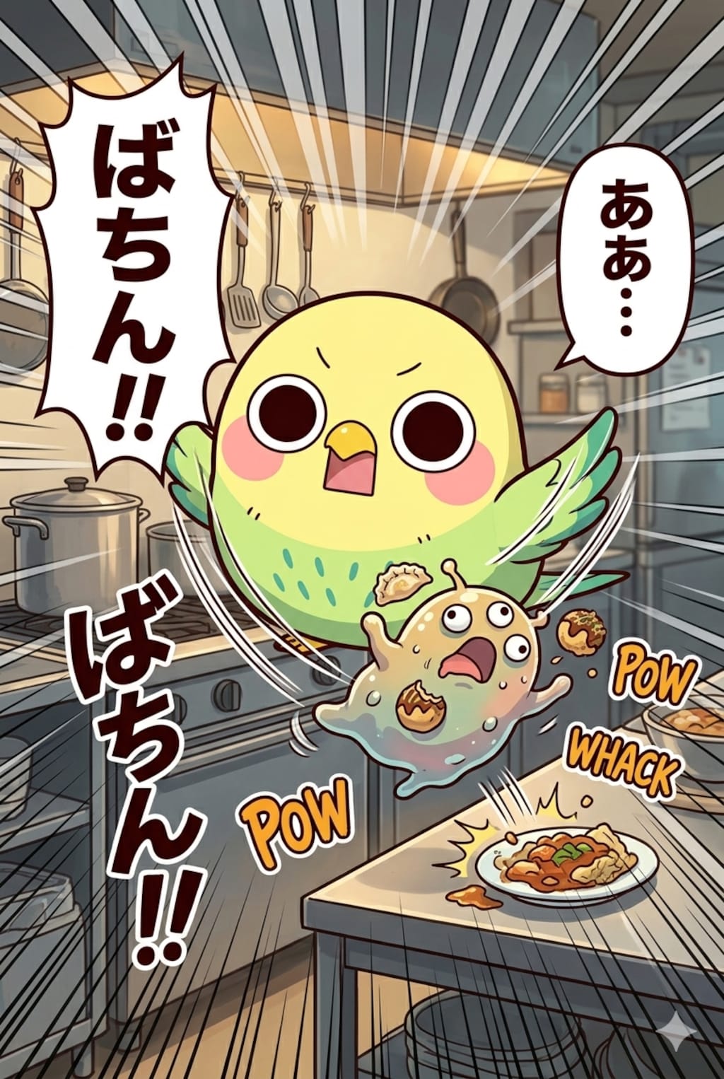 つまみ食いを咎めるえらインコっちゃ