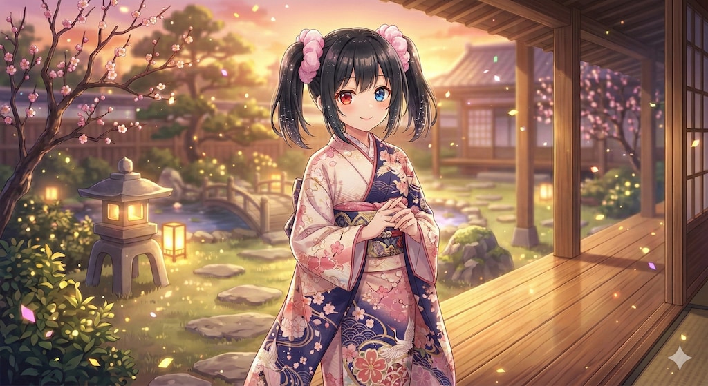 着物のアケちゃんとミケちゃん