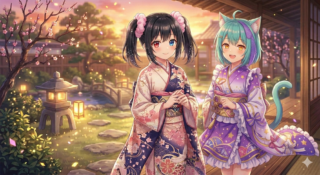 着物のアケちゃんとミケちゃん