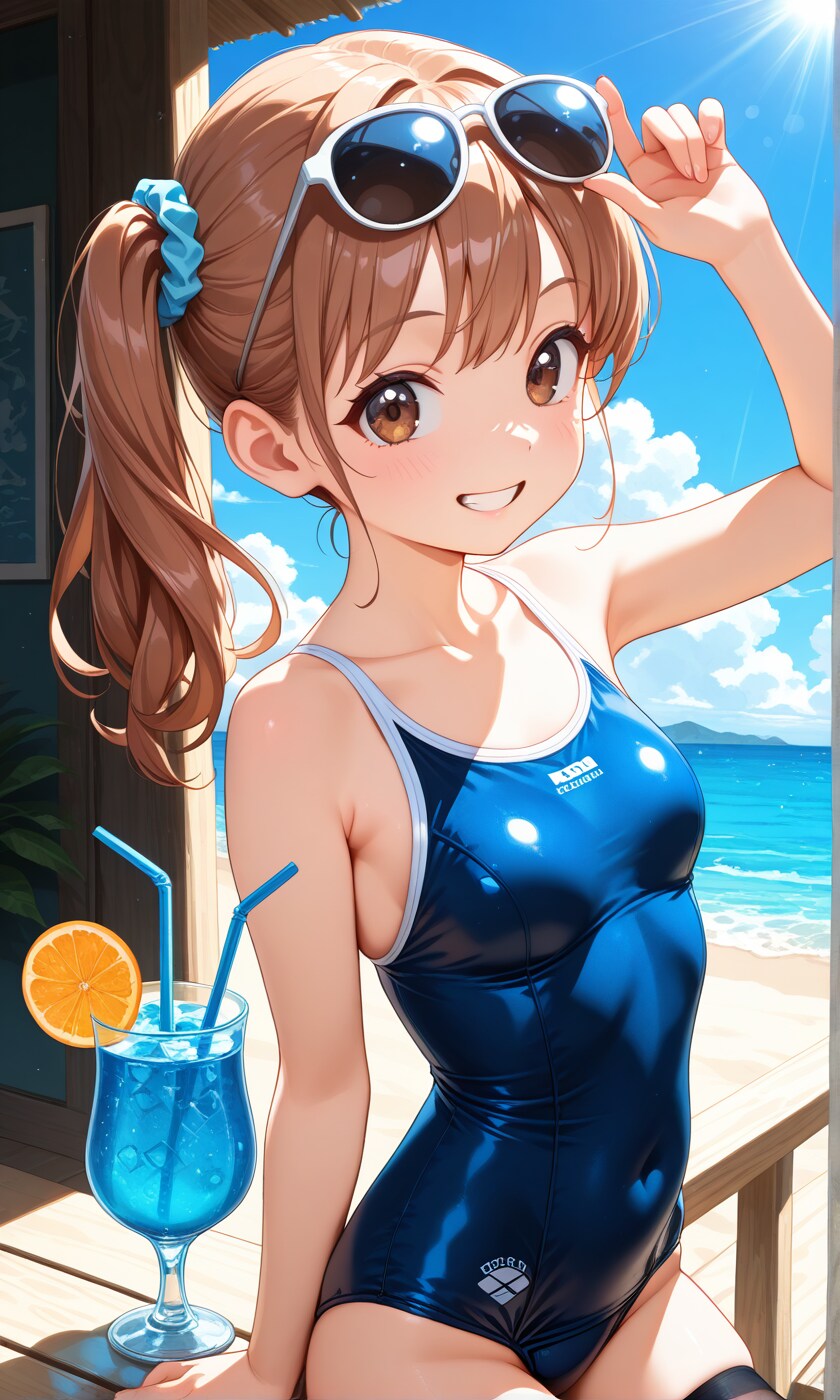 サングラスを頭にかけるスク水サイドポニー女子