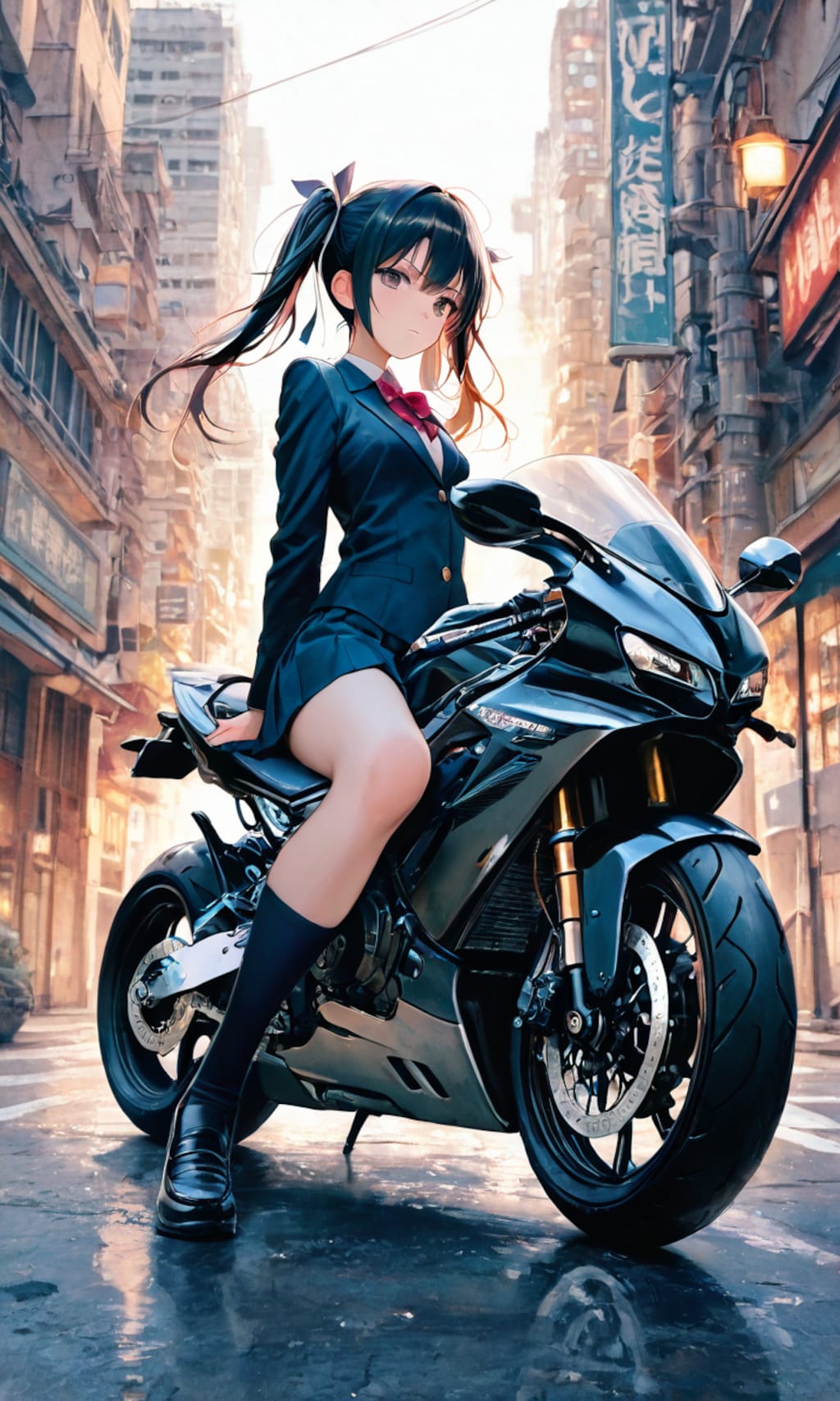 バイクに跨るツインテ女子高生