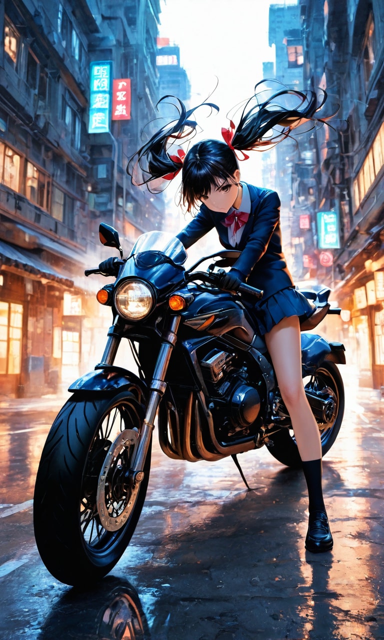 バイクに跨るツインテ女子高生 | の人気AIイラスト・グラビア