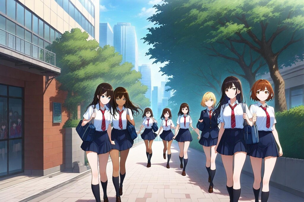 ビル街の女学生