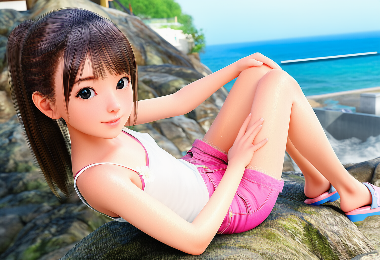 海の見える岩場で座る少女
