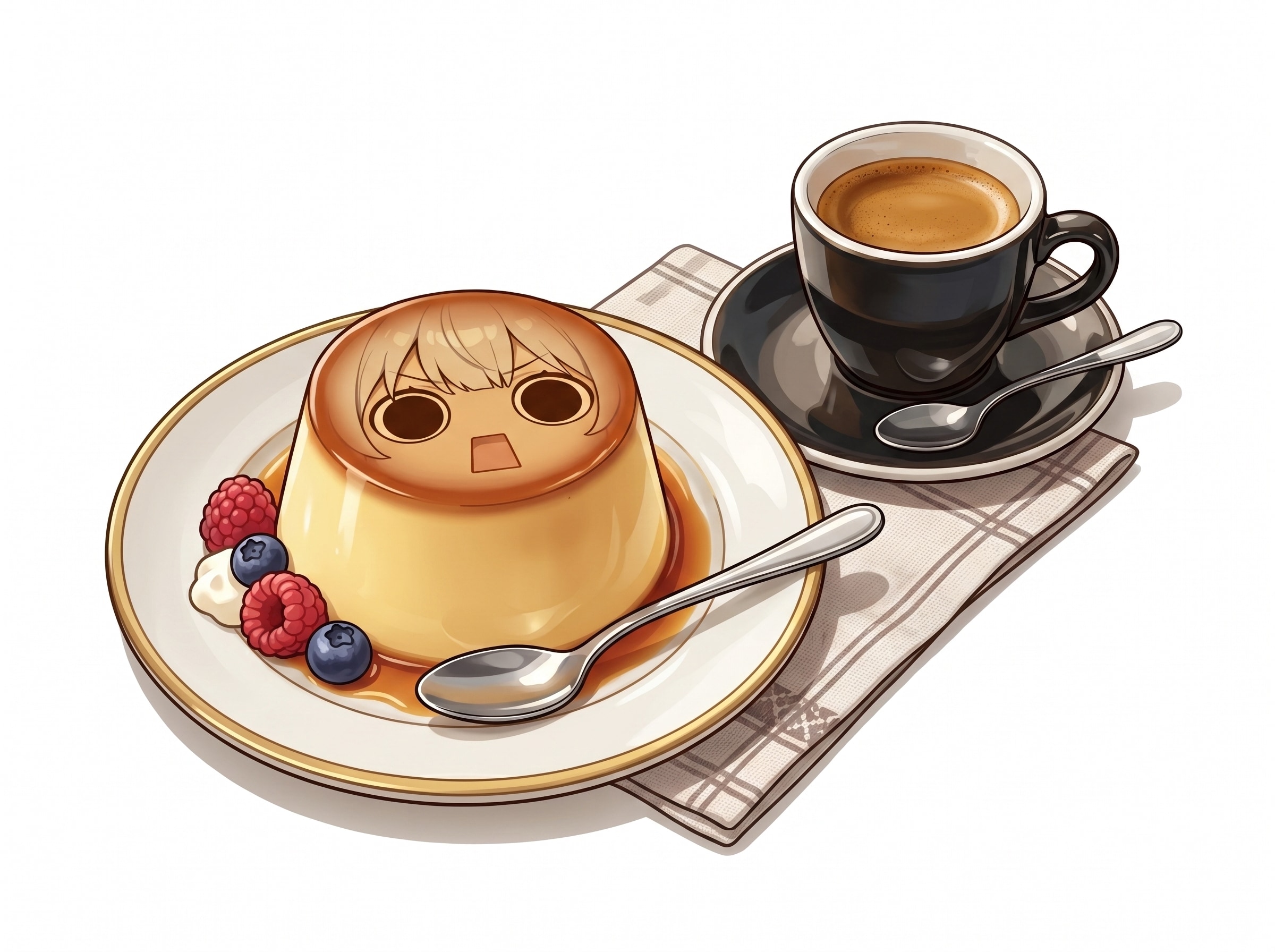 デザートはえらいこっちゃっプリンなえらいこっちゃ嬢印プリンとエスプレッソのセット | の人気AIイラスト・グラビア