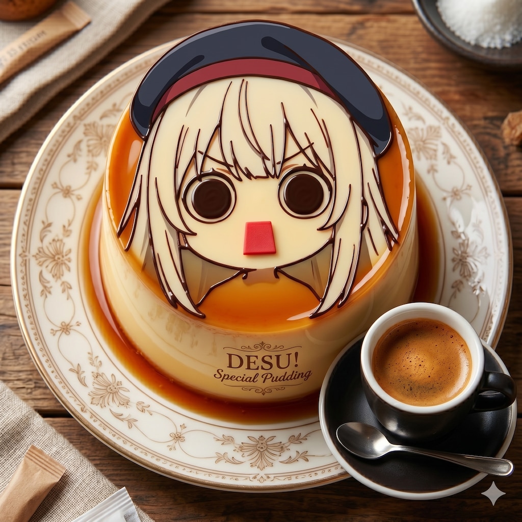 デザートはえらいこっちゃっプリンなえらいこっちゃ嬢印プリンとエスプレッソのセット