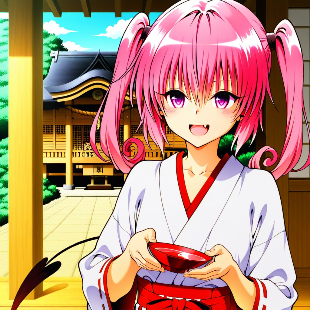 甘酒を勧めて来る巫女服ナナ・アスタ・デビルーク