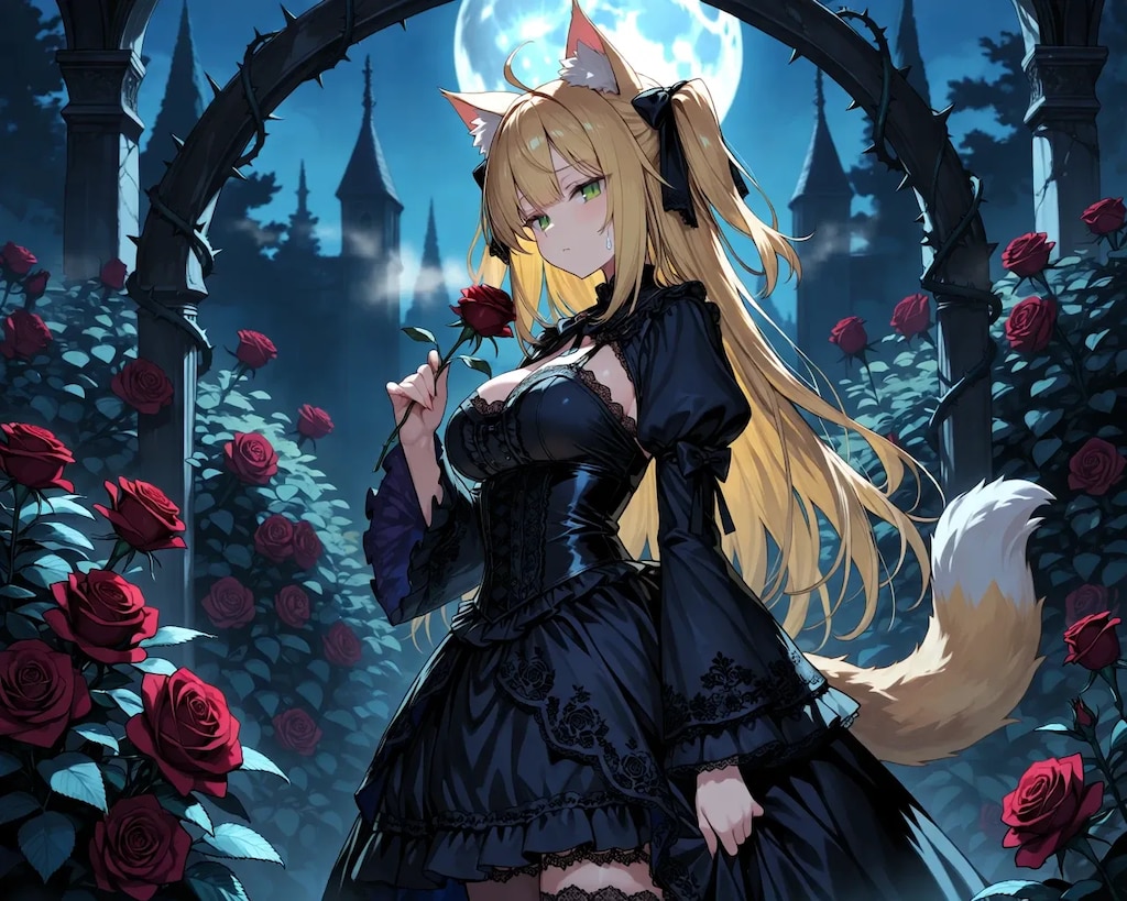 バラ園で佇むゴスロリ服の猫耳の女の子