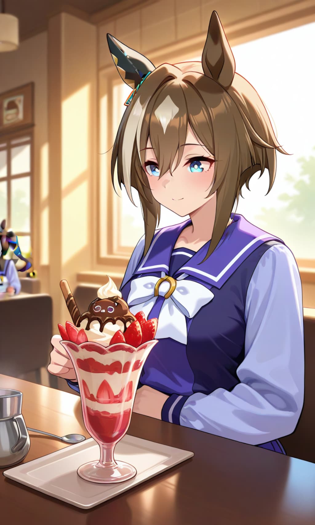 トレーナーとパフェを食べるシュヴァち