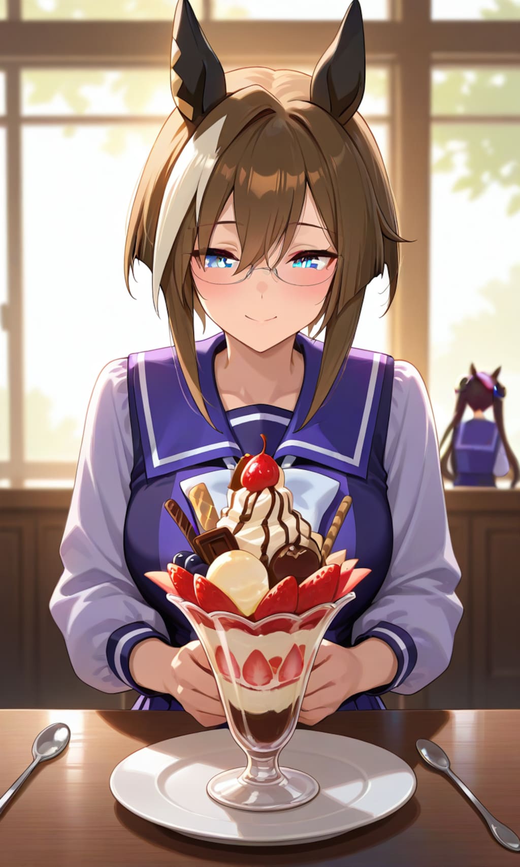 トレーナーとパフェを食べるシュヴァち