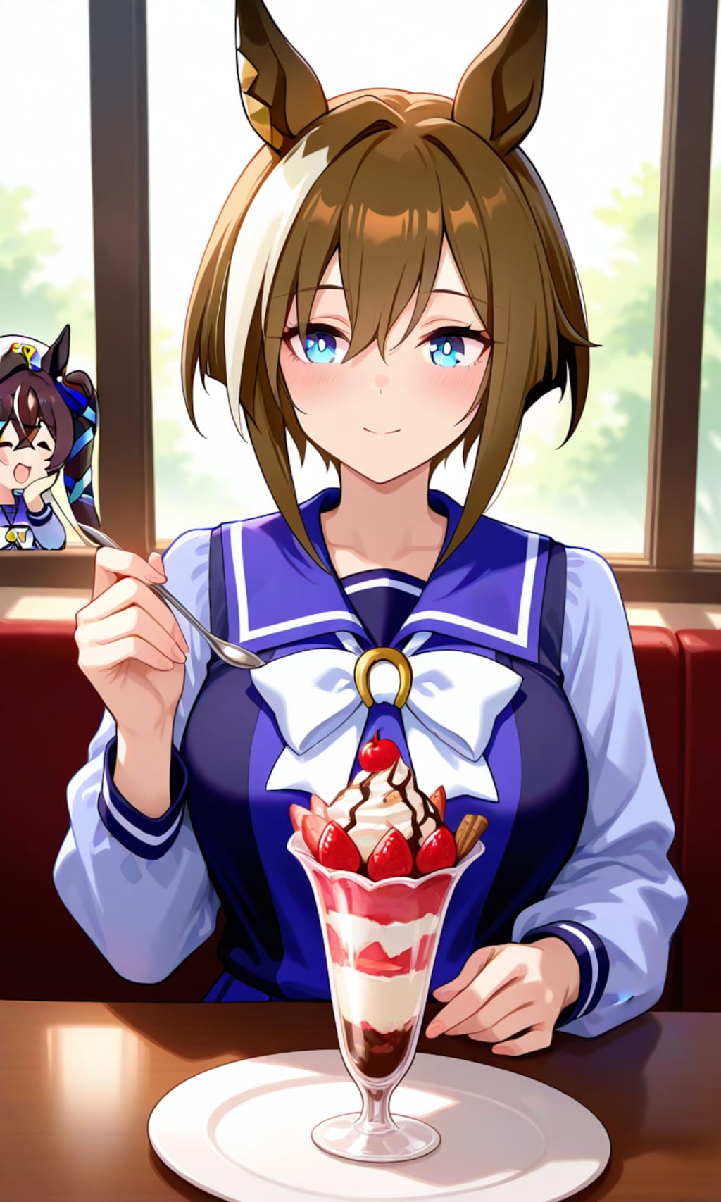 トレーナーとパフェを食べるシュヴァち