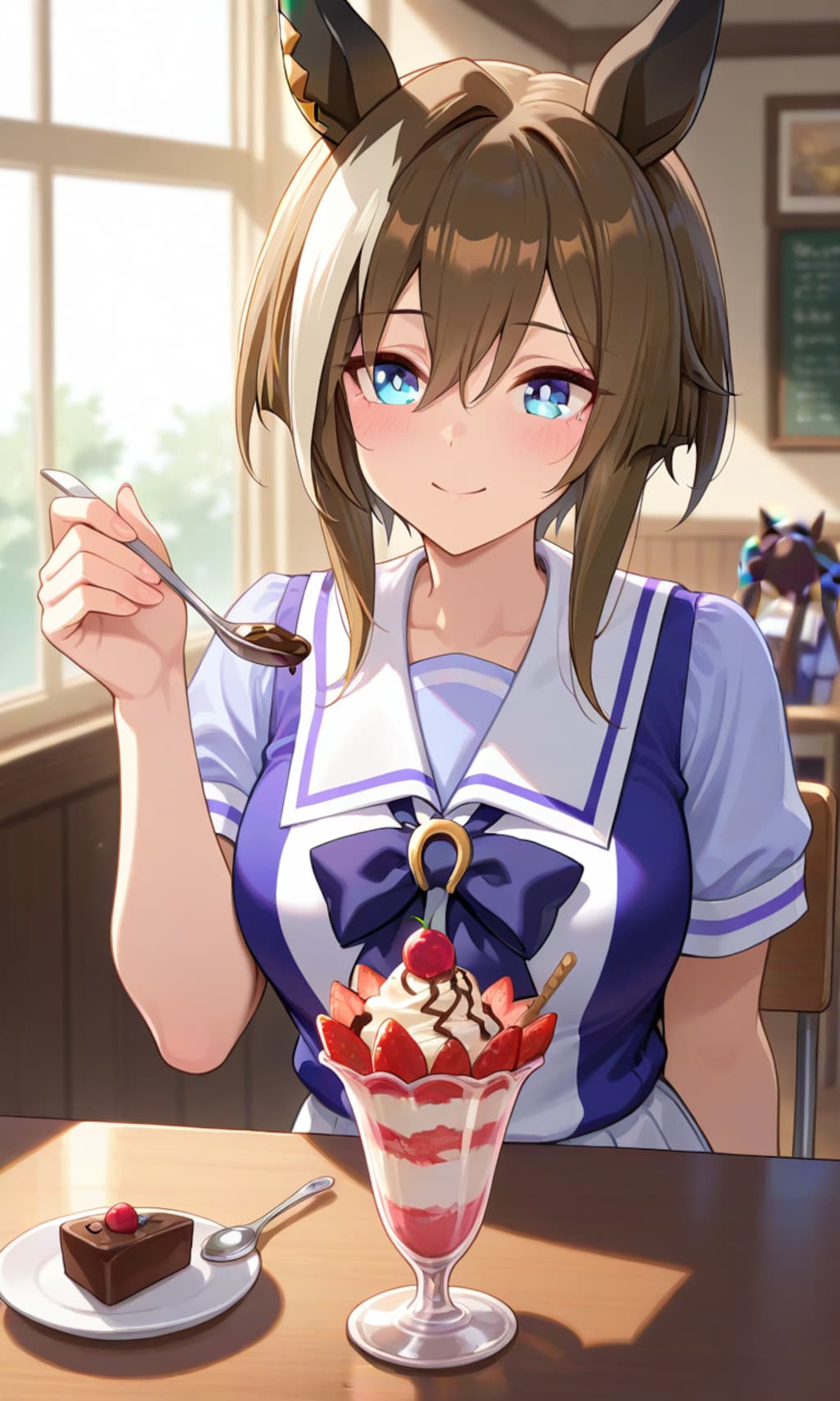 トレーナーとパフェを食べるシュヴァち
