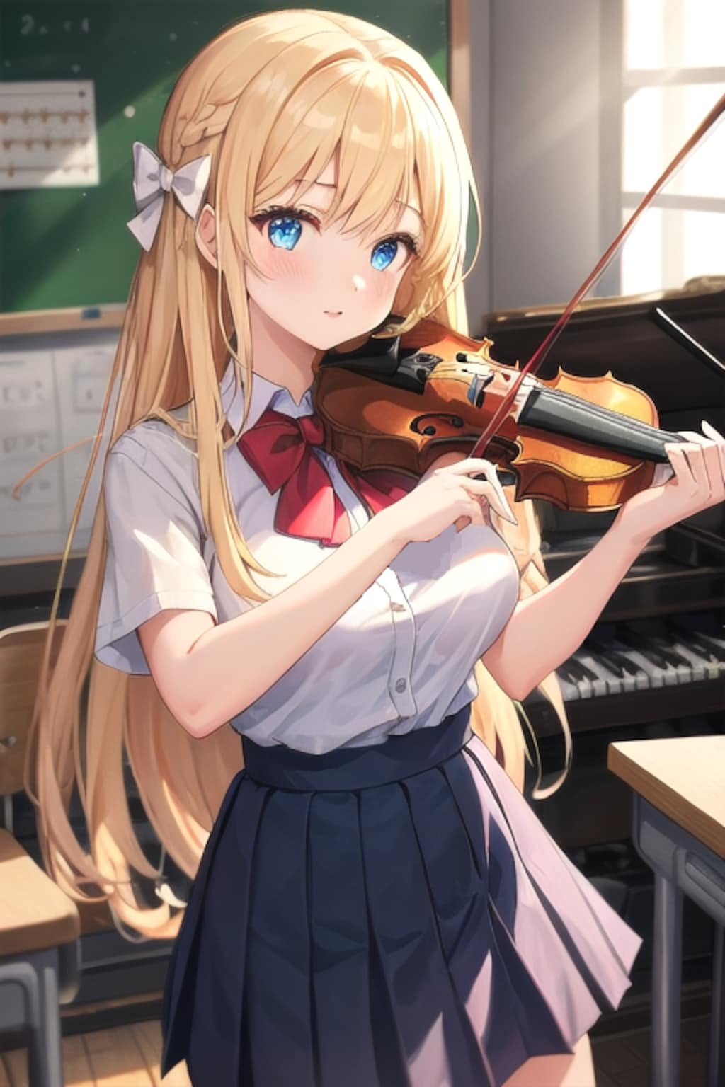 音楽室でバイオリンの練習をする女の子