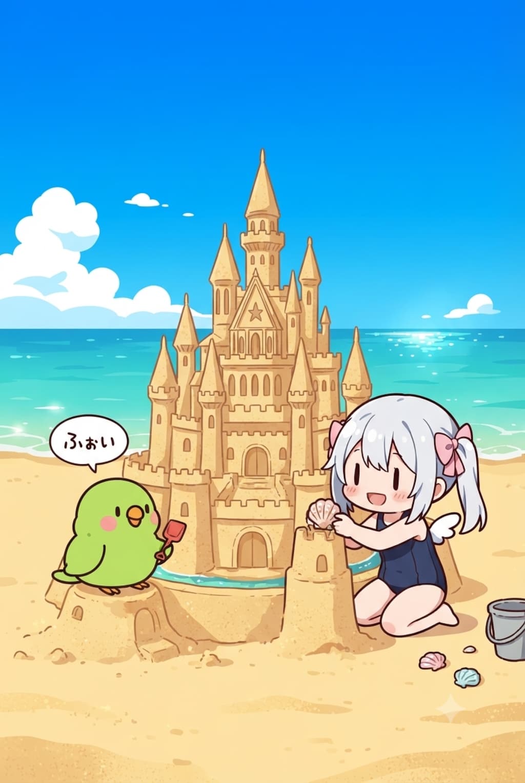 砂のお城を作るインコとチビメイドさん