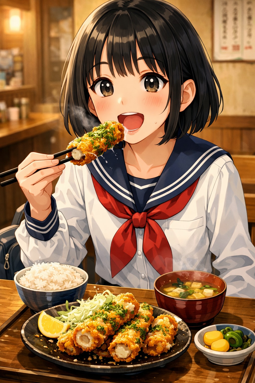 ちくわの磯辺揚げ定食を食べている女の子 | の人気AIイラスト・グラビア