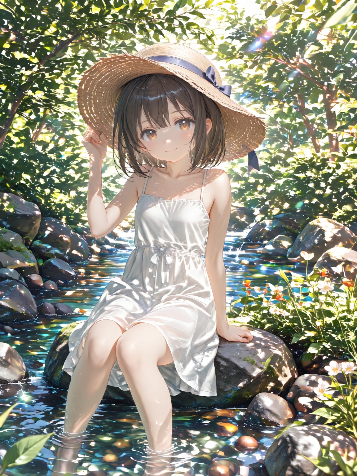 渓流で涼をとるおんなのこ