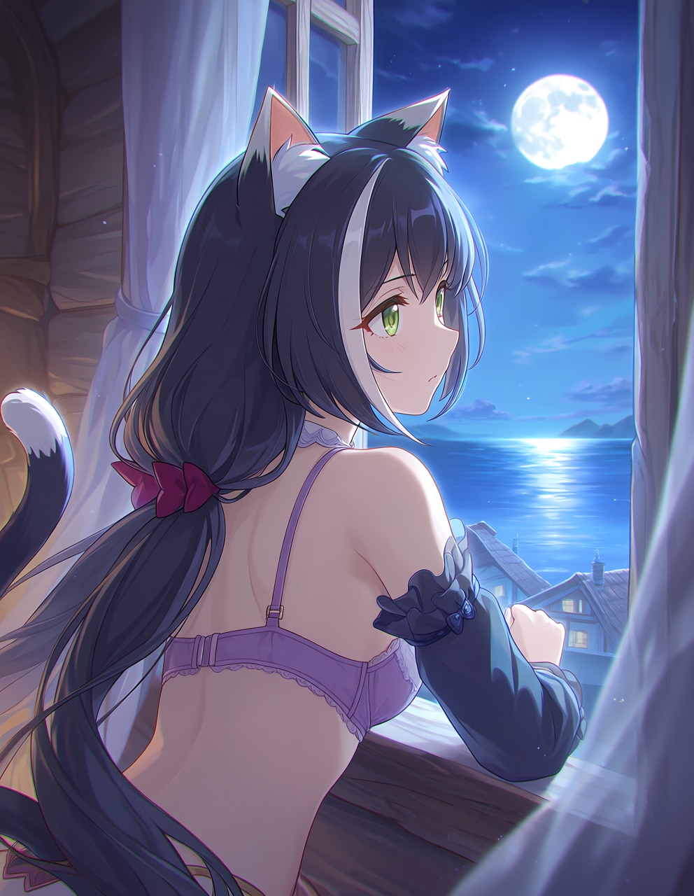 下着姿のキャルと夜の海(PixAI版リメイク)