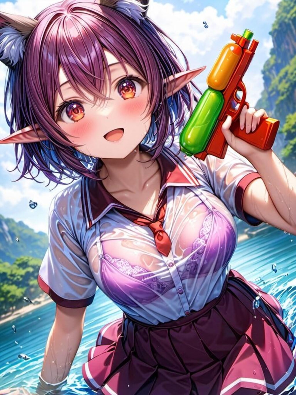 水遊びをするケモ耳エルフさん