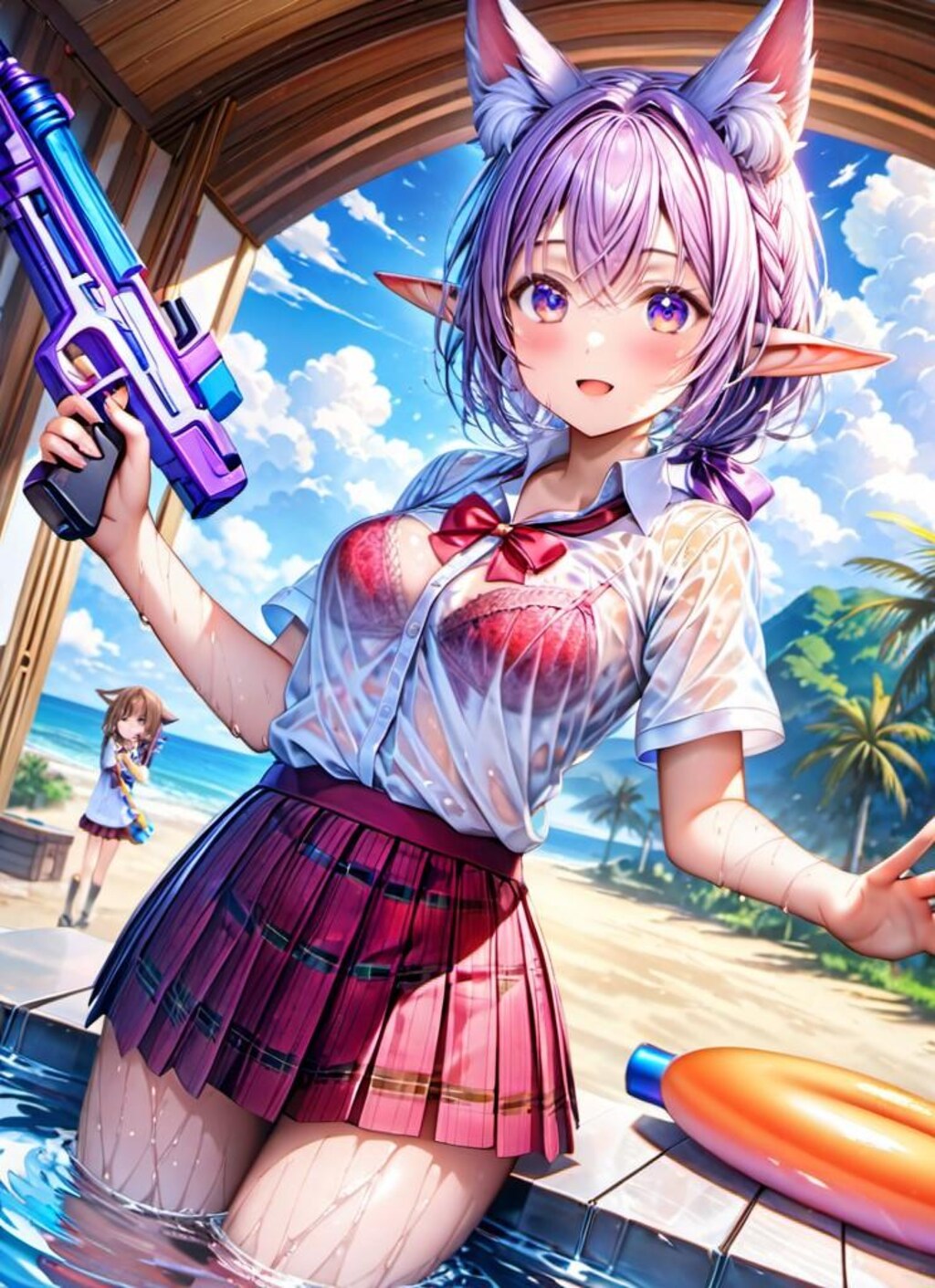 水遊びをするケモ耳エルフさん