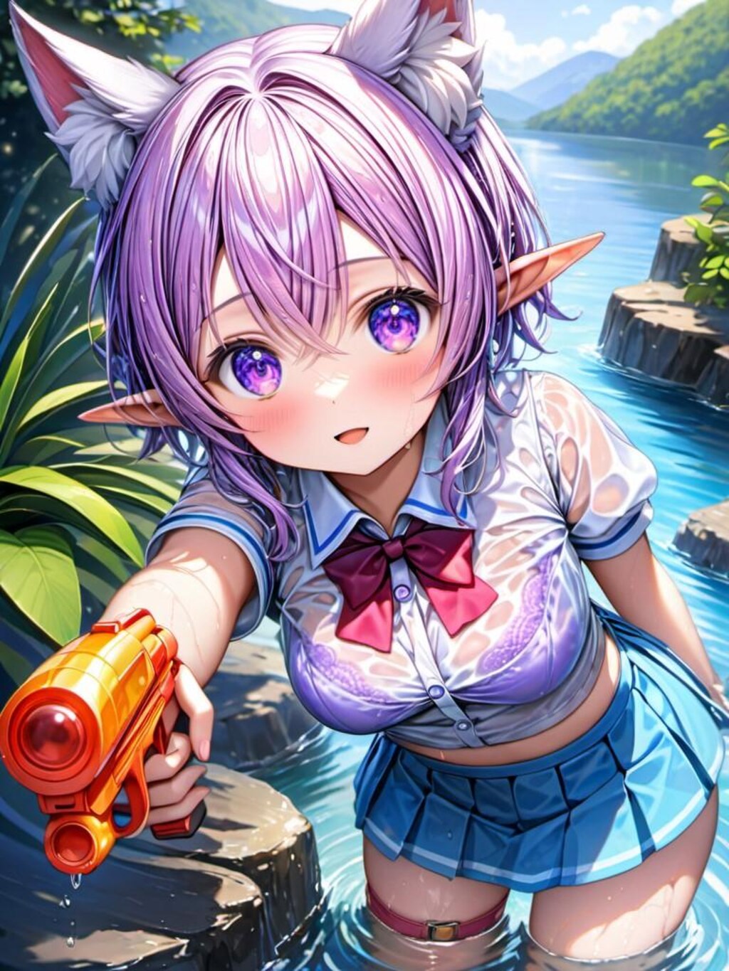 水遊びをするケモ耳エルフさん