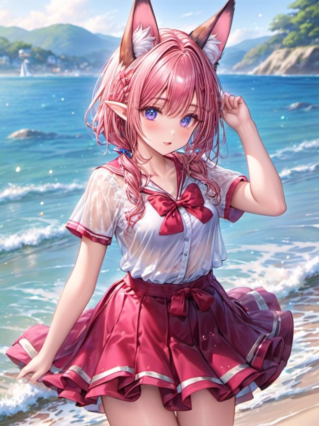 水遊びをするケモ耳エルフさん