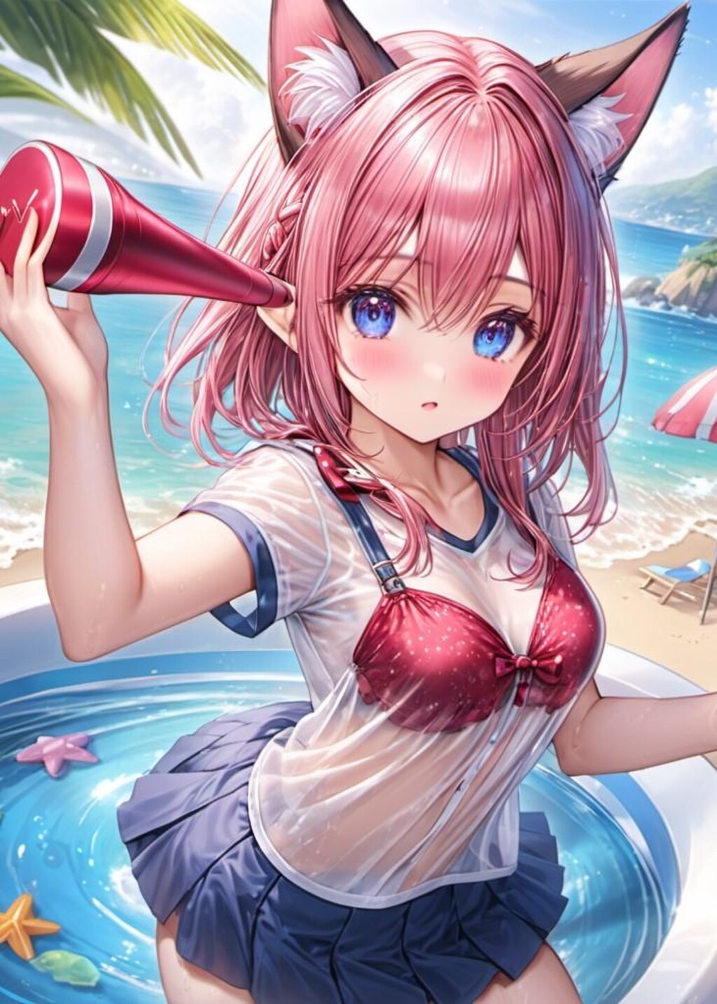 水遊びをするケモ耳エルフさん