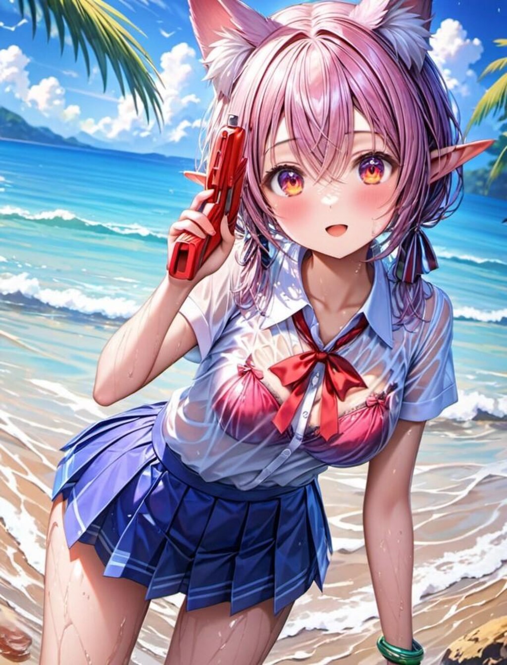 水遊びをするケモ耳エルフさん