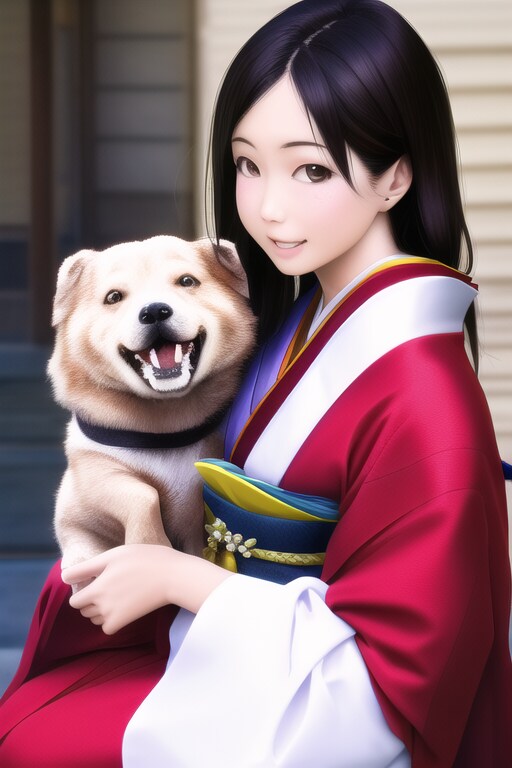 犬と戯れる着物を着た少女