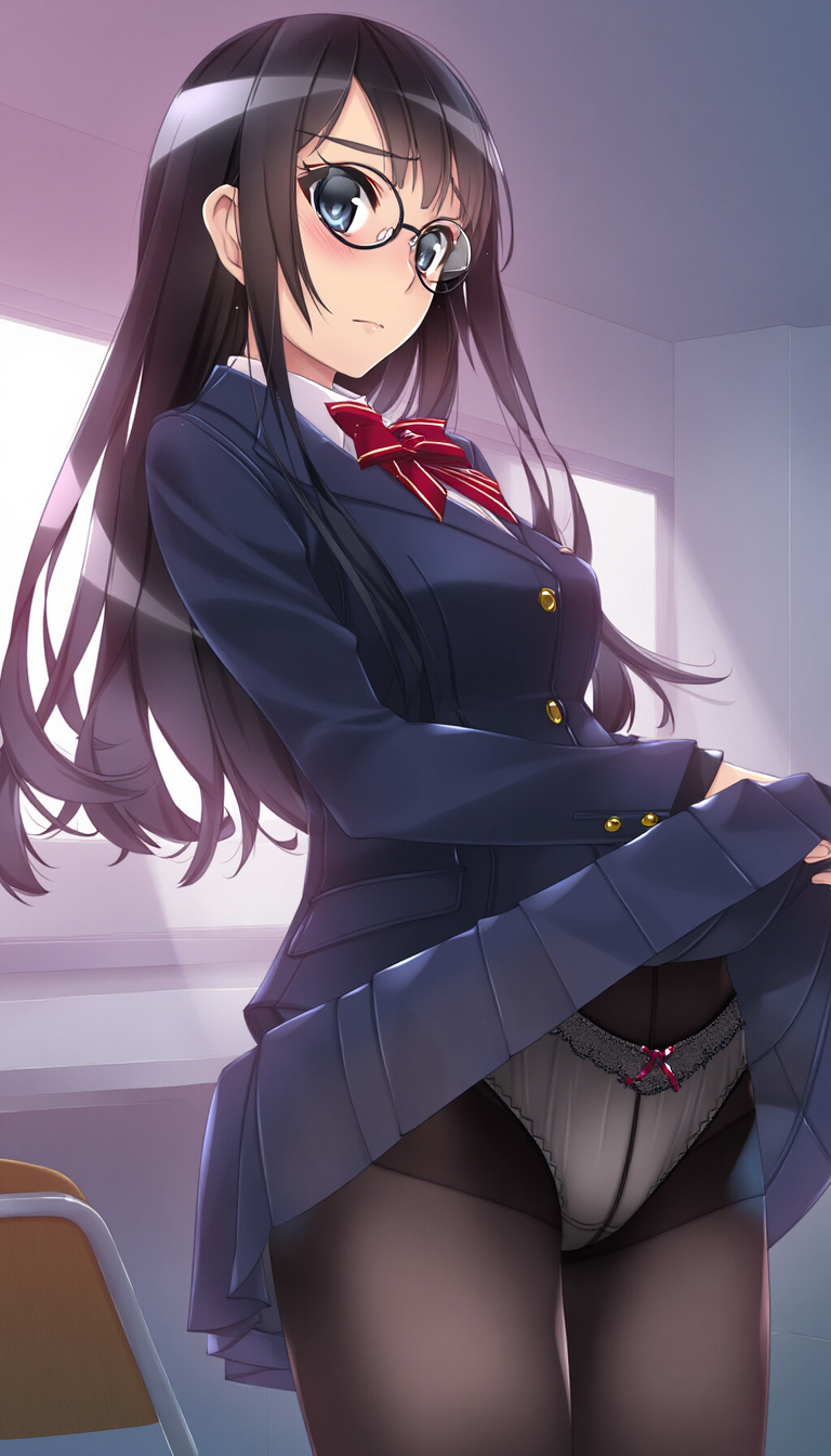 blazer, black-framed round eyewear, pantyshot