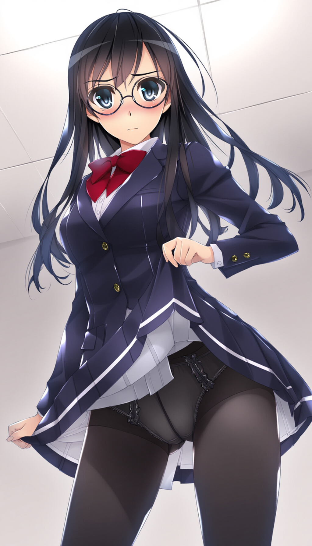 blazer, black-framed round eyewear, pantyshot
